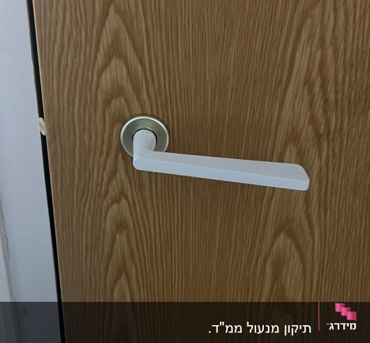 ידית דלת לבנה על דלת עץ